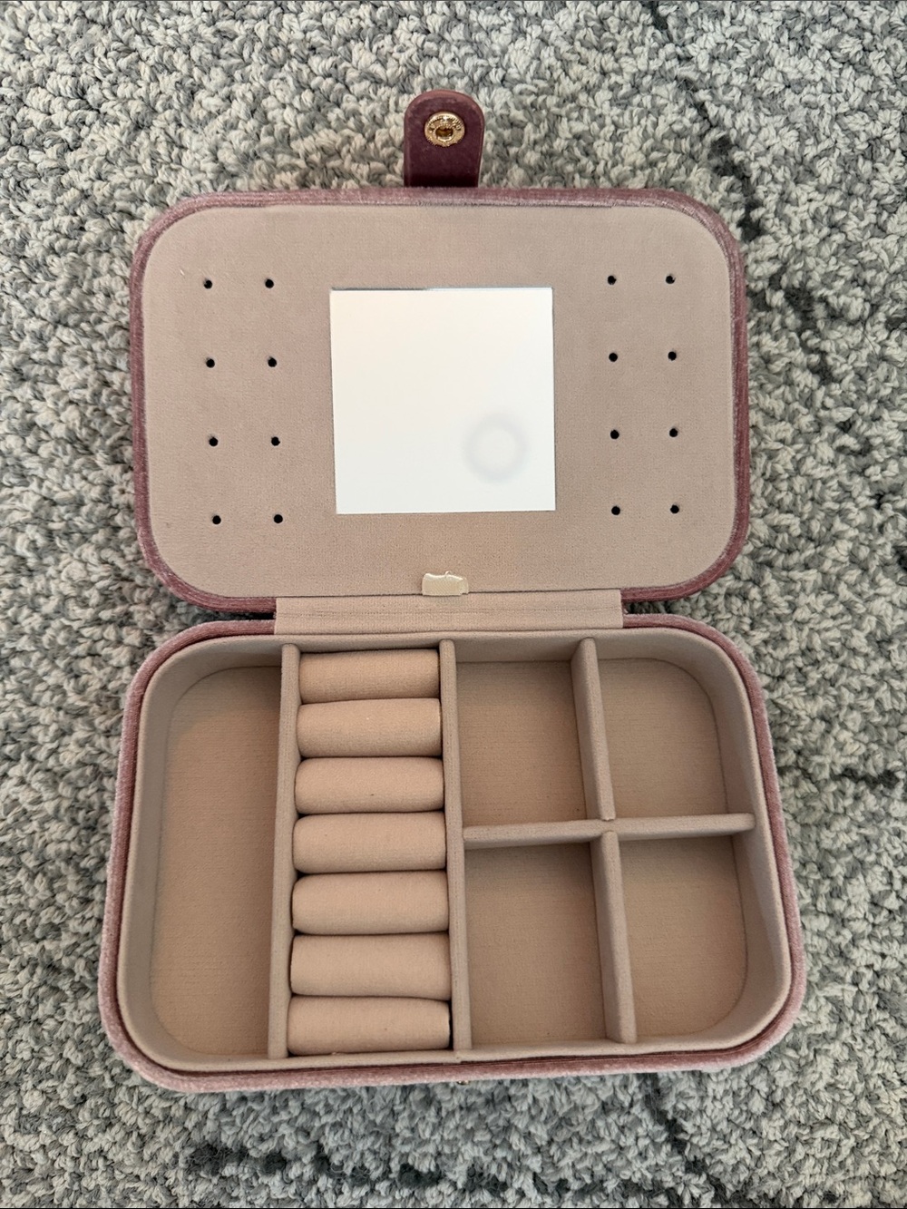 Velvet Pink Travel Jewelry Case with Ring Rolls and Compartments